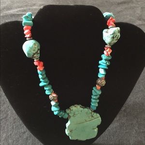 Turquoise slab necklace; turquoise and coral chips